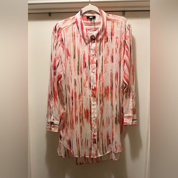 DKNY Tops - DKNY Women’s Sheer Abstract Chiffon Red and White Patterned Shirt Size L